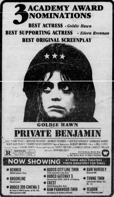 Ad for "Private Benjamin," starring Goldie Hawn, Eileen Brennan, and Armand Assante. From The Philadelphia Inquirer; Friday, February 27th, 1981, Weekend Section Page 12. Eileen Brennan, Private Benjamin, Armand Assante, Movie Ads, Vintage Newspaper, Goldie Hawn, Lobby Cards, Old Movies, Movie Theater