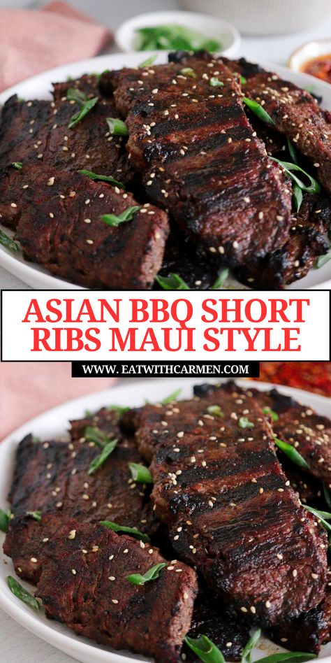 Experience the flavors of Asian BBQ Maui Style Beef - Grilled Boneless Short Ribs! This Maui ribs recipe delivers tender bbq ribs with a unique twist. Perfect for fans of Hawaiian dishes, this bbq short ribs dish is a delightful addition to your collection of Hawaiian food and bbq recipes. Ideal for meat dishes lovers, this recipe offers a taste of a traditional Hawaiian plate lunch. Add this to your favorite beef recipes for a flavorful and authentic Maui style BBQ experience. Maui Ribs Recipe, Maui Ribs, Short Ribs In Oven, Asian Short Ribs, Boneless Beef Ribs, Hawaiian Plate Lunch, Asian Steak Bites, Maui Style, Boneless Short Ribs