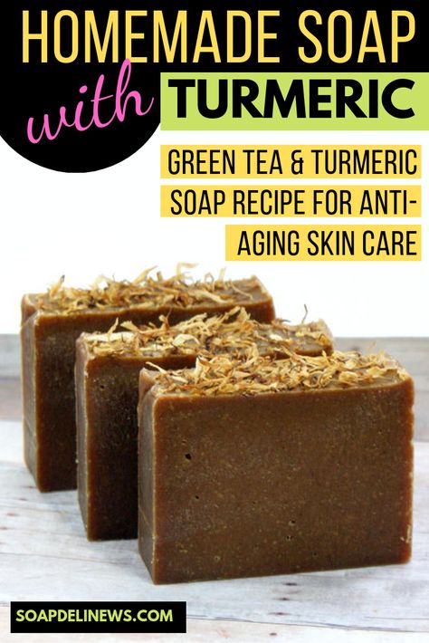 Homemade turmeric soap recipe with green tea for antioxidant rich anti aging skin care. Enjoy turmeric benefits with this natural skin care recipe for cold process soap with turmeric powder. An easy addition to your natural anti aging beauty regimen, green tea and turmeric benefits have proven anti-inflammatory, antioxidant and skin lightening properties. Plus moisturizing body butters including shea, mango & cocoa butter for soft beautiful skin. Try this beauty hack for your skin care routine. Turmeric Soap Recipe, Homemade Green Tea, Natural Homemade Soap, Green Tea Soap, Natural Skincare Recipes, Săpunuri Handmade, Tea Soap, Cold Process Soap Recipes, Natural Anti Aging Skin Care