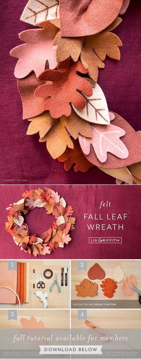 Felt Wreath Fall, Fall Wreath Felt, Felt Fall Wreath Diy, Felt Leaves Wreath, Felt Pinecones Diy, Fall Leaf Wreath Diy, Felt Autumn Wreath, Felt Leaf Pattern, Diy Felt Halloween Decorations