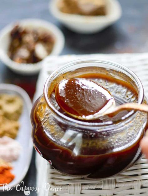 Sweet and sour tamarind chutney that can be used in Indian chaat or served with samosa. Vegan and gluten-free. Indian Chaat, Masala Puri, Sev Puri, Tamarind Juice, Avocado Salad Recipes, Tamarind Chutney, Green Chutney, Chaat Masala, Red Chili Powder