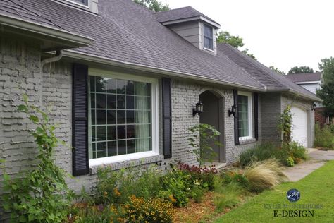 Grey Brick House With Black Trim, Weeping Mortar Brick Exterior Painted, Weeping Mortar Brick Exterior, Grey Brick Exterior, Gray Painted Brick House, Grey Painted Brick House, Exterior Painted Brick House, Gray Brick House Exterior, Grey Brick House Exterior