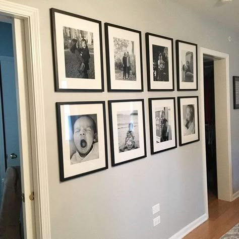 8 Picture Gallery Wall, Living Room Portrait Wall Ideas, Family Portrait Wall Display, Modern Family Photo Wall, Family Photos Wall Decor, Wedding Photo Walls, Hallway Pictures, Family Gallery Wall, Cuadros Diy