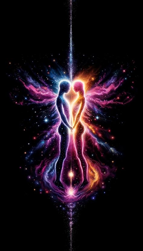 A spiritual art illustration depicting a couple immersed in a cosmic art galaxy. Their bodies intertwined, radiating the pure essence of love and romance in vibrant hues of the cosmos. The couple galaxy painting is a divine epitome of eternal love. 2 Souls Connected Art, Spiritual Art Love, Love Connection Art, Spiritual Love Art, Spiritual Couple, The Lovers Art, Bodies Intertwined, Image Couple Amoureux, Spiritual Art Painting