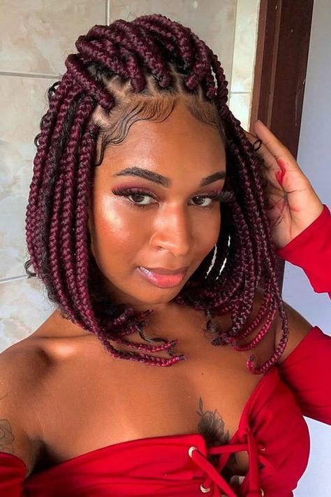 Rd Box Braids for African American Women Jumbo Box Braids Styles, Red Box Braids, Box Braids Bob, Black Box Braids, Colored Box Braids, Ebony Hair, Bob Braids Hairstyles, Poetic Justice Braids, Short Box Braids