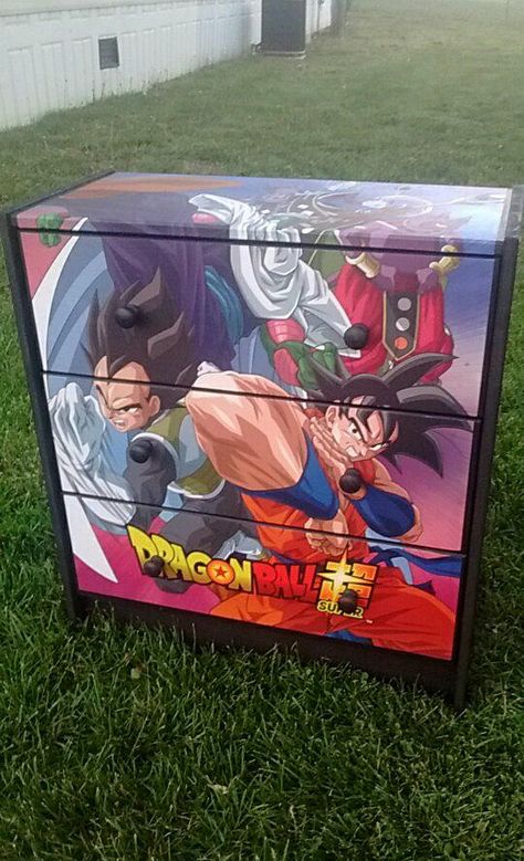 Custom Made Dragonball Z 3 Drawer Chest Nightstand Crafted by Kasondra Lockard in Bronston, KY Dragon Ball Room Ideas, Dragon Ball Z Room Decor Ideas, Dragon Ball Z Bedroom Ideas, Dragon Ball Z Room Ideas, Dragon Ball Z Nursery, Dragon Ball Z Bedroom, Dragon Ball Z Room, Dragon Ball Decor, Chest Nightstand