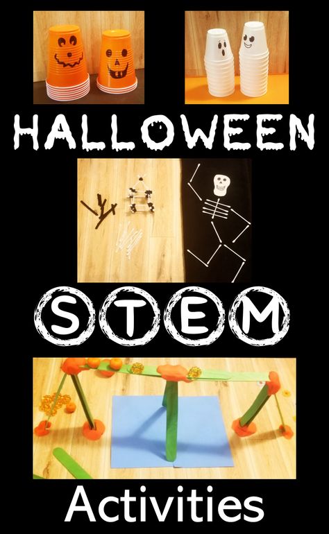 The pin shows stacks of cups with pumpkin and ghost faces drawn on and a bridge and skeleton home. Halloween Stem Activities Kindergarten, Halloween Themed Stem Activities, October Stem Challenges, Halloween Stem For Kindergarten, Stem Activities For Adults, Preschool Halloween Stem Activities, Halloween Engineering Activities, Halloween Stem Middle School, Steam Halloween Activities For Kids