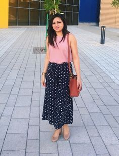 Polka dot culottes and pastel top Plazo Top Western, Plazo And Top Western, Culottes Outfit Indian, Canadian Outfit, Pastel Top, Western Dresses For Women, Casual Frocks, Western Wear Outfits, Casual Indian Fashion