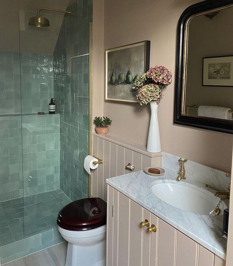 Anna Haines Design Ltd’s Instagram photo: “A sweet recently completed shower room. Sea green zellige tiles and dusky pink walls balance the unlacquered brass fittings and Carrara…” Norfolk Cottages, Zellige Tiles, Zellige Tile, Dream Apartment, Dusky Pink, Pink Walls, Dream Rooms, Dream House Decor, Shower Room