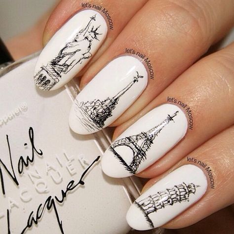 In awe of this detailed design of famous city landmarks by @letsnailmoscow Paris Nail Art, Paris Nails, Elegant Nail Designs, Trendy Nail Art Designs, Cute Nail Art, Elegant Nails, Beautiful Nail Art, Nail Art Summer, Nail Art Inspiration