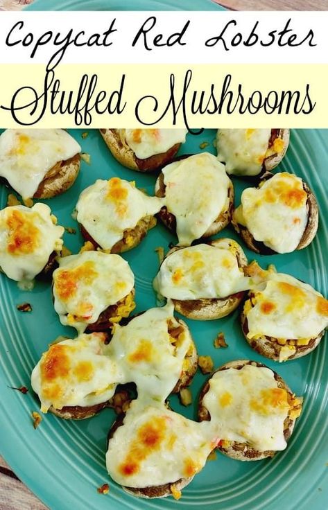 Lobster Stuffed Mushrooms Recipe, Red Lobster Stuffed Mushrooms, Lobster Stuffed Mushrooms, Red Lobster Recipes, Seafood Stuffed Mushrooms, Copycat Red Lobster, Baked Salmon And Asparagus, Lobster Mushroom, Restaurant Copycat Recipes