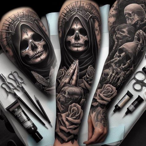 I will do custom realistic tattoo design, tattoo sleeve Santa Muerte Tattoo, La Muerte Tattoo, Realistic Tattoo Design, Tattoo Design Tattoo, Dark Fantasy Artwork, Realistic Tattoo, Custom Tattoo Design, Dream Tattoos, Design Tattoo