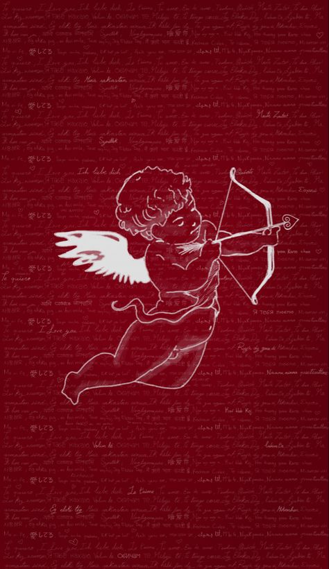 Aesthetic wallpaper with cupid and 200 I love you Cupid Red Aesthetic, Cupid Poster Design, Cupid Core, Cupid Logo, Cupid Wallpaper, Cupid Aesthetic, Aries Wallpaper, Abstract Pattern Design, Valentines Wallpaper