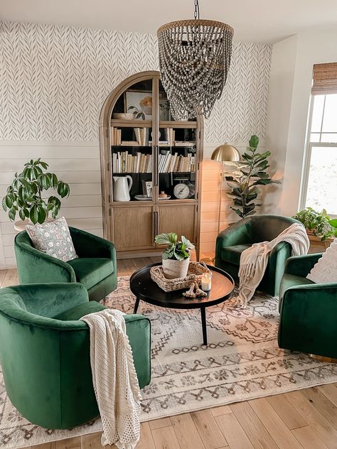 Cozy New Rug in the Reading Room - Sarah Joy Farmhouse Style Lamps, Farmhouse Style Dining Room, Best Neutral Paint Colors, Green Velvet Chair, Sarah Joy, Sitting Room Design, Front Rooms, White Paint Colors, Green Chair