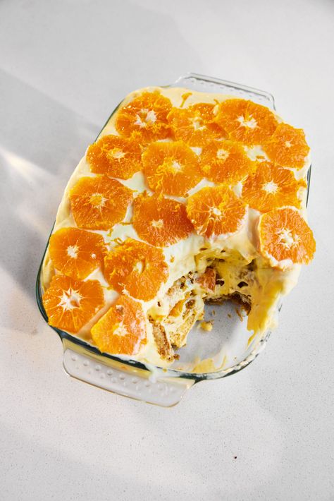 Mob 6-Ingredient Tangerine Tiramisu Recipe | Easy Dinner Party Dessert Easy Dinner Party Desserts, Tangerine Recipes, Mob Kitchen, Dinner Party Dessert, Christmas Desert, Fancy Baking, Easy Tiramisu Recipe, Winter Dinner Party, Dinner Party Desserts