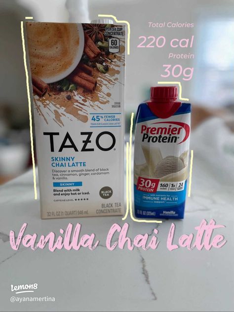 High Protein Vanilla Chai Latte 🥤 | Article posted by Ayana Mertina | Lemon8 Vanilla Chai Latte, Protein Drink Recipes, Coffee Recipes Starbucks, Healthy Starbucks Drinks, Healthy Starbucks, Vanilla Chai, Starbucks Drinks Recipes, Keto Drink, Protein Shake Recipes