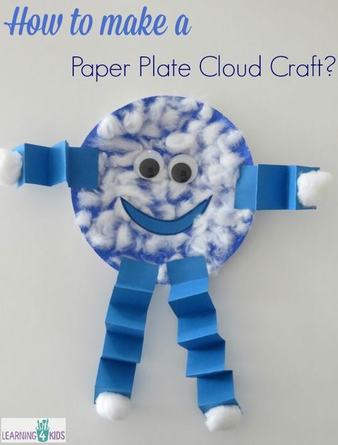 Paper Plate Cloud Craft | Learning 4 Kids Paper Plate Art, Cloud Activities, Umbrella Craft, June Crafts, Weather Crafts, Cloud Craft, Weather Theme, Kids Part, Daycare Activities