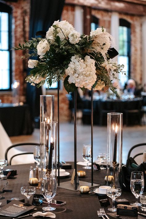 Tall Candle Centerpiece, Round Table Centerpieces Wedding, Black Wedding Table, Round Table Centerpieces, Taper Candles Wedding, J Hannah, Black Taper Candles, Classic Elegant Wedding, Tall Wedding Centerpieces