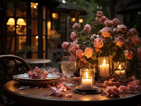 AI Romantic dinner Dinner In Garden, Romantic Dinner, Romantic Dinners, Roses