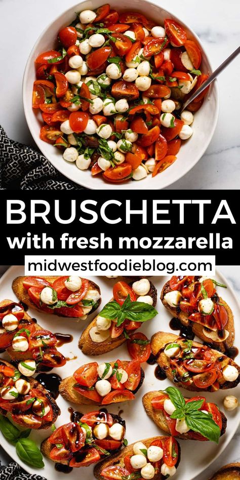 Bruchetta Appetizers Keto, Fresh Mozzarella Bruschetta, Bruschetta On Baguette, Tomato Brushetta Appetizers, Bruschetta Side Dish, Bruschetta And Mozzarella Recipe, Mozzarella Tomato Bruschetta, Cold Bruschetta Appetizers, Bruschetta Crostini Appetizers