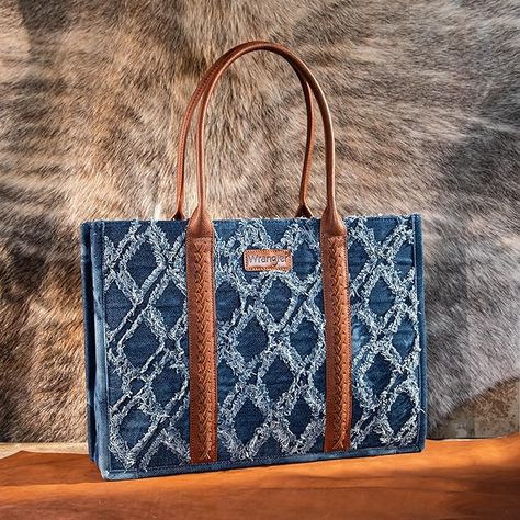 Limited time deal $59.49 (15% Off)(List price: $69.99) Wrangler Tote Bag Western Purses for Women Shoulder Boho Aztec Handbags Upcycle Jeans Bag, Western Purses, Everyday Purse, Round Handle, Denim Tote Bags, Denim Tote, Aztec Pattern, Small Tote, Guitar Strap