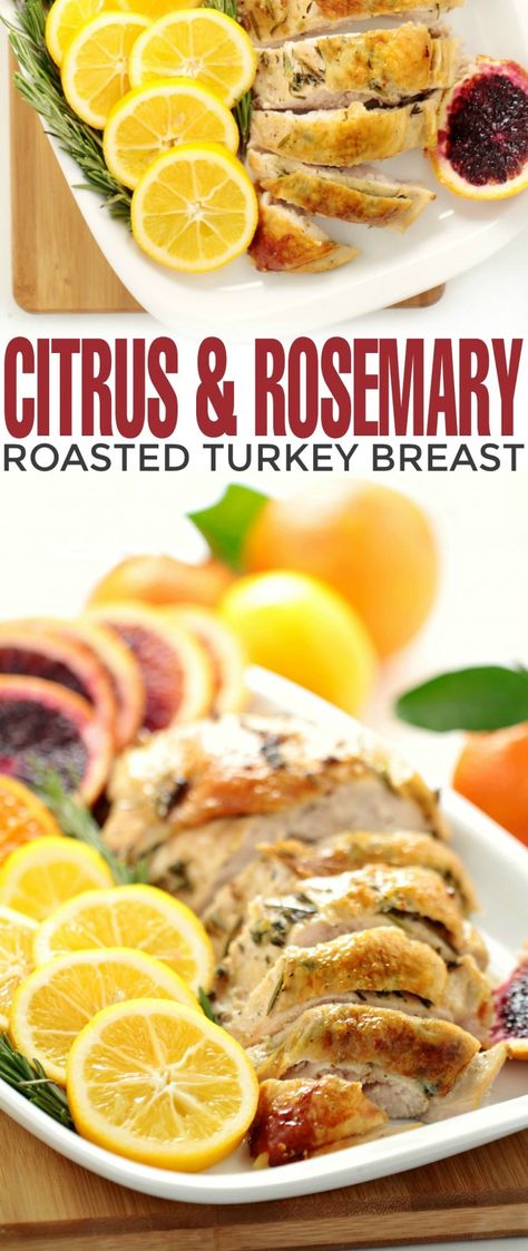 This Citrus & Rosemary Roasted Turkey Breast combines the fresh flavours of citrus fruit with the aroma of fresh herbs for a delicious turkey that easily feeds a small crowd. I used stem and leaf Clementines, Meyer lemons and blood oranges to create a flavour profile suited to a spring meal - a dish worthy of your family Easter dinner table. Turkey Breast Recipes, Cooking Turkey Breast, Turkey Glaze, Oven Roasted Turkey, Turkey Breast Recipe, Roast Turkey Breast, Meat Dinners, Breast Recipe, Cooking Turkey