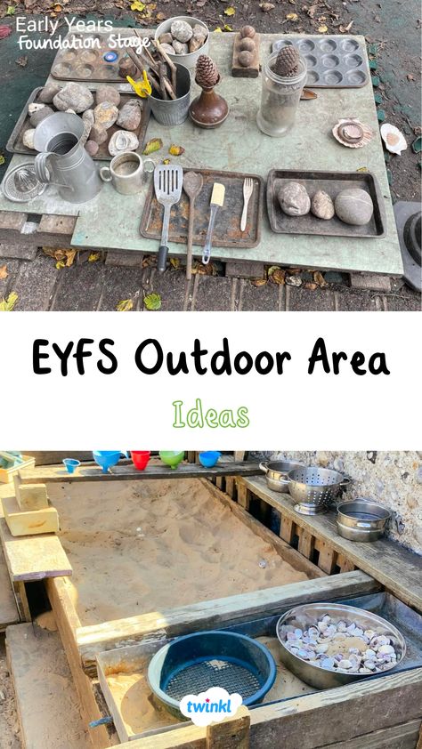 Some lovely nursery garden ideas or eyfs garden ideas! Use old household items for a cheap alternative. Thanks to Saffrons Park Nursery Eyfs Outdoor Role Play Area, Year 2 Outdoor Provision, Eyfs Outdoor Area On A Budget, Outdoor Small World Eyfs, Early Years Outdoor Provision, Eyfs Outdoor Small World Area, Early Years Outdoor Area, Outdoor Classroom Activities, Eyfs Curriculum