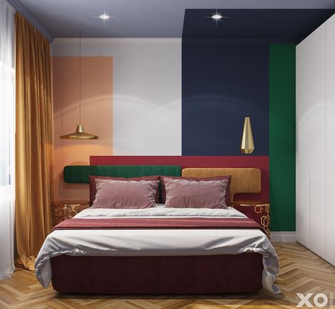 Bauhaus Interior Bedroom, Colour Blocking Interior, Kitchen Feature Wall, Diy Headboard Ideas, Bauhaus Interior, Creative Headboard, Blue Bedroom Design, Graphic Design Interior, Headboard Ideas