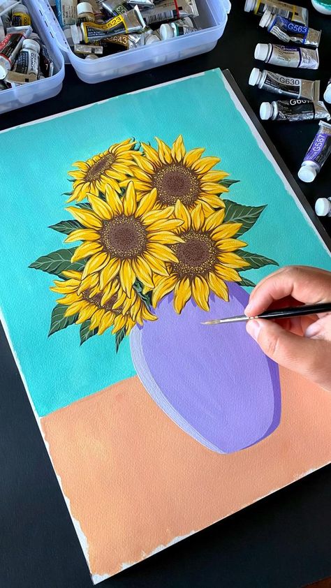 Painting Sunflowers in a Vase [Video] | Flower painting, Watercolor paintings, Gouache art Paintings Gouache, Painting Sunflowers, Flower Cactus, Vase Painting, Canvas Aesthetic, Hippie Painting, Arte Van Gogh, Seni Dan Kraf, Canvas Painting Tutorials