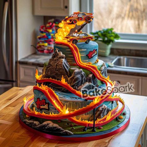 Unleash the Speed with These Amazing Hot Wheels Cakes - BakeSpark Hot Wheels Torte, Hot Wheels Monster Truck Cake, 7th Birthday Cakes For Boys, Hot Wheels Cake Ideas, Monster Trucks Cake, Vehicle Cake, Wheels Cake, Sonic Birthday Cake, Hot Wheels Cake