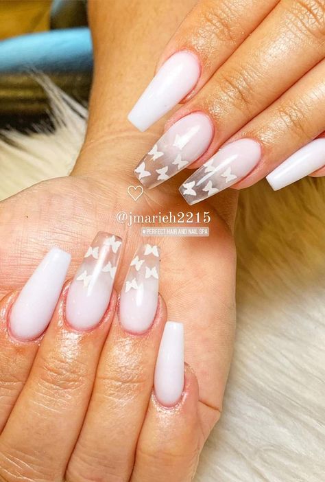 White milky acrylic powder polish! Ombre clear, butterflies on the tip!Long coffin acrylic nails! Summer Nails 💅 White Ombre Butterfly Nails, Milky White Nails With Butterflies, Milky White Butterfly Nails, White Nails With Butterflies, 21 Nails, Adult Prom, Ongles Beiges, Crystal Nail Art, Faded Nails