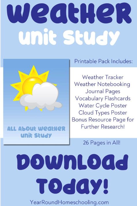 Weather Unit Study - Year Round Homeschooling Weather Unit Study, Study Pack, Weather Tracking, Notebooking Pages, Middle School Science Experiments, Weather Crafts, The Water Cycle, Weather Science, Classroom Lesson Plans