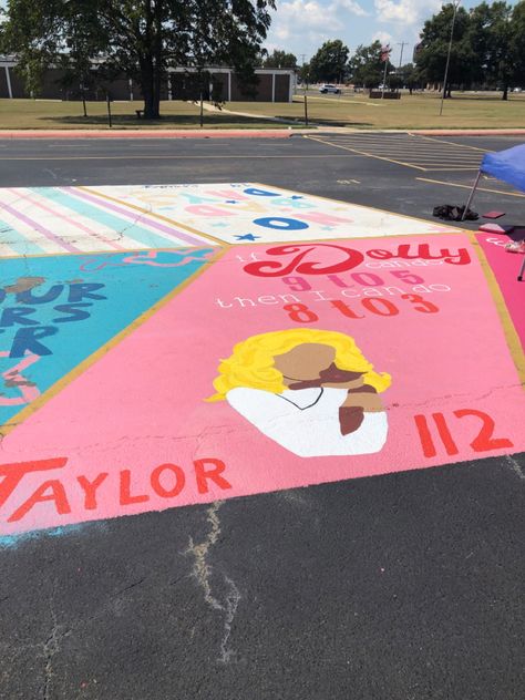 Dolly Parton Senior Parking Spot, Ceiling Tile Ideas Painting School Easy, Senior Parking Spaces Funny, Senior Parking Space Ideas, Senior Parking Spaces, Parking Lot Painting, Senior Year Diy, Street Chalk Art, Parking Spot Painting