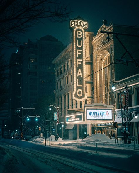 Shea's Buffalo Theatre on a snowy night in downtown Buffalo, New York Buffalo New York Aesthetic, Romanticize College, Snowy Night, Rust Belt, Buffalo New York, New York Aesthetic, Hotel Motel, White Car, Posters Framed