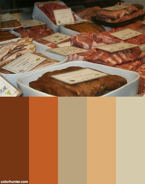 Organic Meat Color Scheme Meat Color Palette, Spices Design, Meat Packaging, Cow Meat, Rustic Color Palettes, Chicken Coloring, Food Knowledge, Chicken Shop, Organic Meat