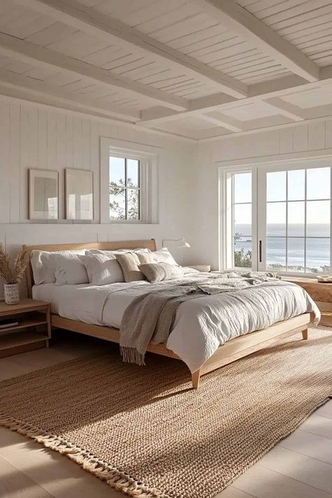 44 Modern Coastal Bedroom Ideas (Refined and Relaxed) Beachy Master Bedrooms Decor, Luxury Coastal Bedroom, Minimal Coastal Bedroom, Beach House Master Bed, Coastal Western Aesthetic, Modern Beach House Bedroom, Coastal Home Aesthetic, California Coastal Bedroom, Coastal Modern Bedroom