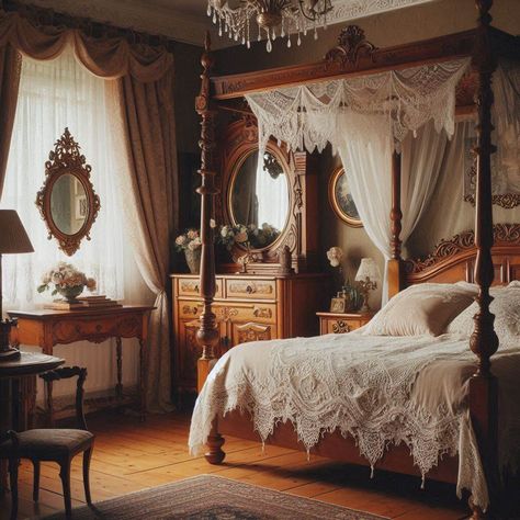 Antique Bedroom Small Victorian Bedroom, Victorian Homes Interior Bedroom, Antique Bedroom Decor, Antique Bedroom Ideas, Antique Decor Bedroom, Victorian Rooms, Antique Bedside Tables, Canopy Beds, Timeless Color Palette