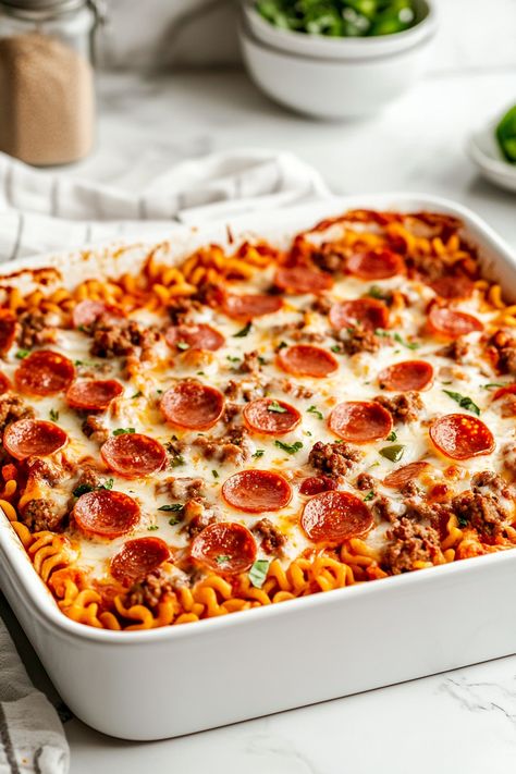 Image for Pizza Casserole Cheesy Pizza Casserole, Pizza Noodle Casserole, Pizza Casserole Recipe, Baked Pasta Dishes, Yummy Casserole Recipes, Sausage Pasta Recipes, Pizza Casserole, Best Casseroles, Pasta Casserole