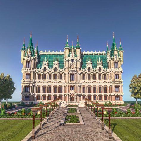 Imaginefinishing on Instagram: “A french château. This took such a long time to build, so please show some love <3 The leaves in the ponds is inspired by @tiitmarvel.mc…” Minecraft Castle Walls, Minecraft Palace, Minecraft Brick, Minecraft Castle Designs, Minecraft Welten, Minecraft Steampunk, Rumah Minecraft Sederhana, Minecraft Mansion, Minecraft Structures