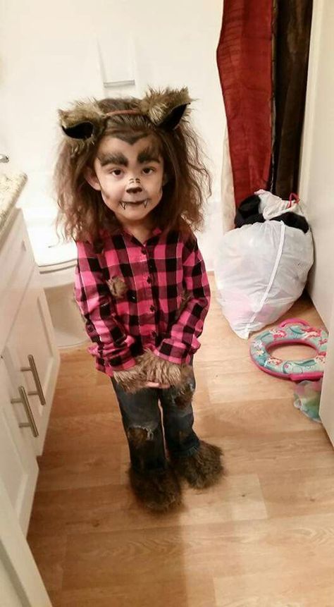 girly werewolf costume and makeup with ears and faux fur decorated clothes Homemade Werewolf Costume, Toddler Werewolf Costume Diy, Baby Werewolf Costume, Werewolf Costume Kids Diy, Kid Werewolf Makeup, Diy Ware Wolf Costume, Kids Werewolf Makeup, Wolf Makeup Kids, Diy Werewolf Costume Kids