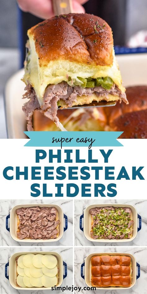 These Philly Cheesesteak Sliders are so delicious. Melty provolone cheese, combines with peppers, onions, and roast beef on soft dinner rolls. These are the perfect easy dinner, party recipe, or game day snack! Philly Cheese Steak Sandwich Recipe, Cheese Steak Sandwich Recipe, Philly Cheesesteak Sliders Recipe, Baked Chili Cheese Dogs, Philly Cheesesteak Sliders, Soft Dinner Rolls, Philly Cheese Steak Sandwich, Cheesesteak Sliders, Steak Sandwich Recipes