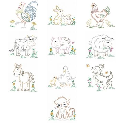 Farmhouse Embroidery Designs, Farm Embroidery Patterns, Quilts Made From Vintage Embroidery, Cow Embroidery Design, Farm Animal Embroidery Designs, Farm Embroidery, Baby Farm Animals, Animal Embroidery Designs, Animal Embroidery