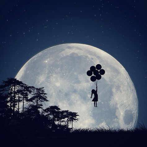 Silhouette of girl holding onto balloons & moon Creepy Drawing, Fly To The Moon, Dream Drawing, Fly Me To The Moon, David Hockney, Lawn Chairs, Beautiful Moon, 판타지 아트, Lombok