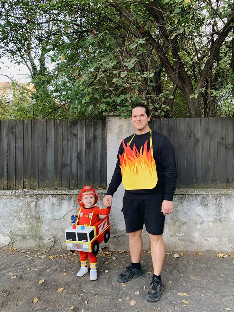 Halloween costume. Fireman and flame Fire Costume For Men, Flame Costume, Fire Costume, Fireman Costume, Box Crafts, Cardboard Box Crafts, Family Halloween Costumes, Family Costumes, Halloween 2024