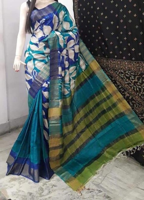 Pure Tussar Silk Saree, Tussar Saree, Saree Floral, Floral Work, Durga Puja, Tussar Silk Saree, Silk Sari, Hand Paint, Blouse Piece