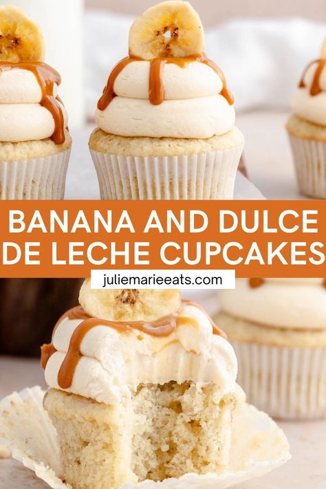 Super soft and delicious banana cupcakes, topped with a smooth Dulce de Leche buttercream, extra Dulce de Leche and decorated with banana chips. Chocolate Spring Desserts, Banoffee Cupcakes, Homemade Cupcake Recipes, Homemade Cake Mixes, Best Easy Dessert Recipes, Best Summer Desserts, Spring Recipes Dessert, Fun Cupcake Recipes, Banana Cupcakes