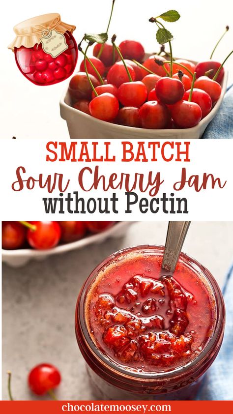 Our Small Batch Sour Cherry Jam without Pectin is a delicious summer treat. Use it as a cake filling, swirl it into Greek yogurt, or simply spread it on toast. As the name implies, sour cherries aren’t as sweet as other types of cherries. In fact, they are often referred to as tart cherries.  They are too tart to eat on their own, but with a little bit of sugar and love, they become magically delicious in this sour cherry jam recipe. Rainier Cherry Jam Recipes, Tart Cherry Jelly Recipe, Tart Cherry Jam Recipe, Chocolate Cherry Jam Recipe, Tart Cherry Canning Recipes, Things To Do With Cherries, Small Batch Cherry Jam, Fresh Sour Cherry Recipes, Canned Sour Cherry Recipes