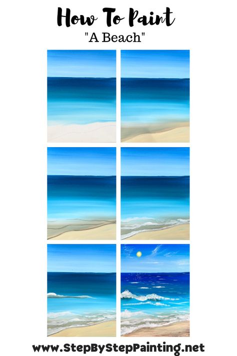 How To Paint A Beach - Acrylic Painting Tutorial Beach Theme Canvas Painting Diy, Diy Ocean Canvas Painting, Beautiful Beach Paintings, How To Paint Seascapes In Acrylics, Beach Easy Painting Ideas, Acrylic Paint Beach Scene, Beach Art Tutorial, Diy Beach Canvas Painting, Beach Tutorial Painting