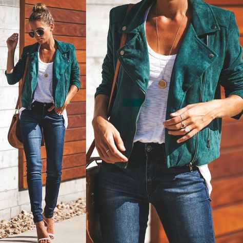 Green Moto Jacket Outfit, Suede Jacket Outfit, Green Moto Jacket, Moto Jacket Outfit, Green Suede Jacket, Teal Outfits, Olive Green Jacket, Jacket Outfit, Autumn Style