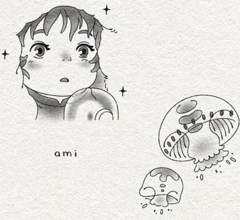 Haiyo Miazaki Tattoo, Ponyo Boat Tattoo, Ponyo Tattoo Black And White, Studio Ghibli Jellyfish, Cozy Tattoo Ideas, Ponyo Drawings Studio Ghibli Art, Ponyo Jellyfish Tattoo, Studio Ghibli Sketch Drawings, Ponyo Jellyfish